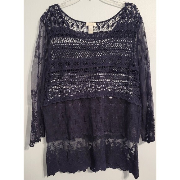 Chico's Blue Long Sleeve Crochet Bodice Sheer Sleeves Top  Blouse‎ Size 1 Medium - Picture 8 of 9